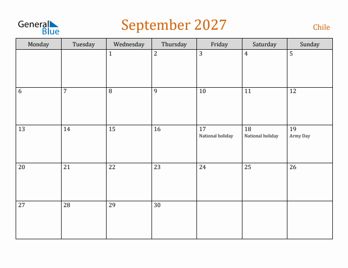 September 2027 Holiday Calendar with Monday Start