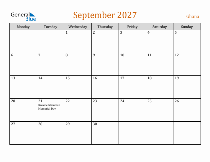 September 2027 Holiday Calendar with Monday Start