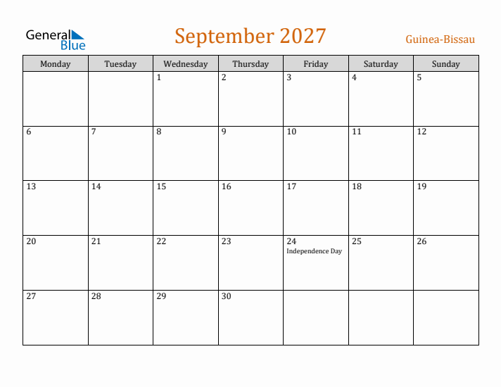 September 2027 Holiday Calendar with Monday Start