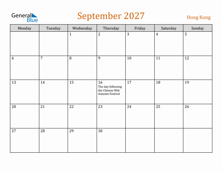 September 2027 Holiday Calendar with Monday Start