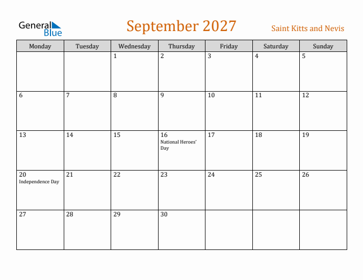 September 2027 Holiday Calendar with Monday Start