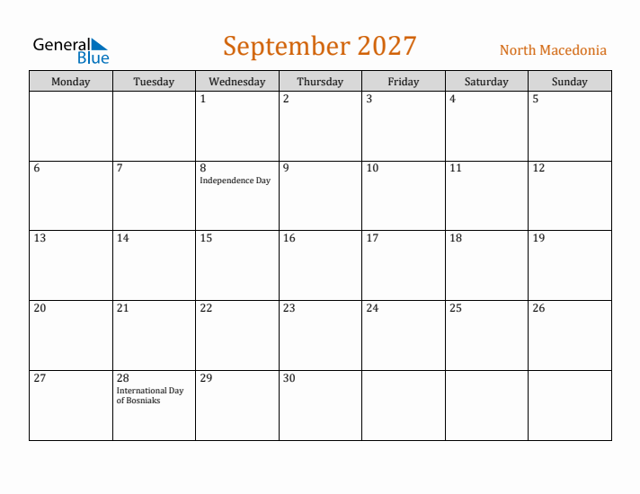 September 2027 Holiday Calendar with Monday Start