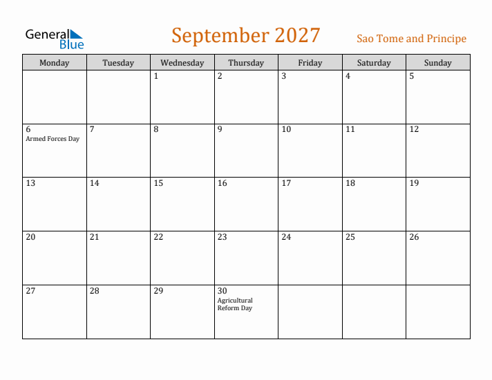 September 2027 Holiday Calendar with Monday Start