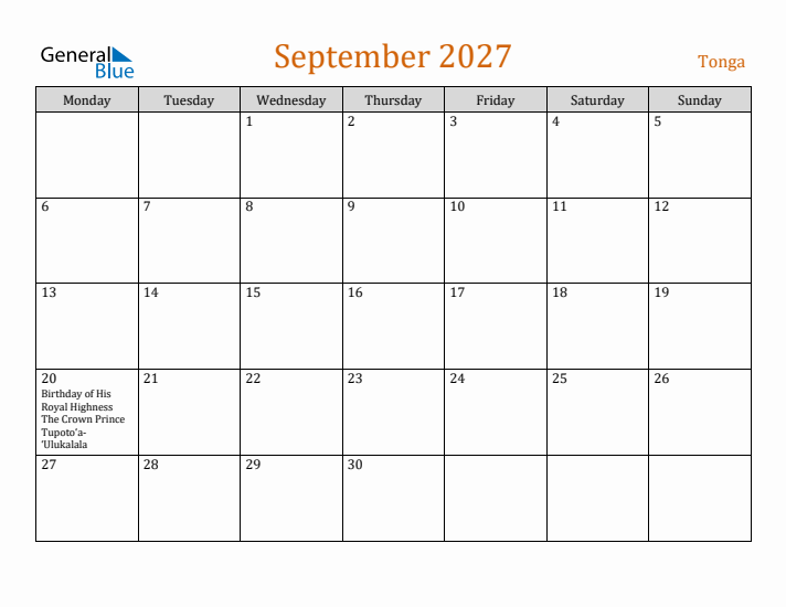 September 2027 Holiday Calendar with Monday Start
