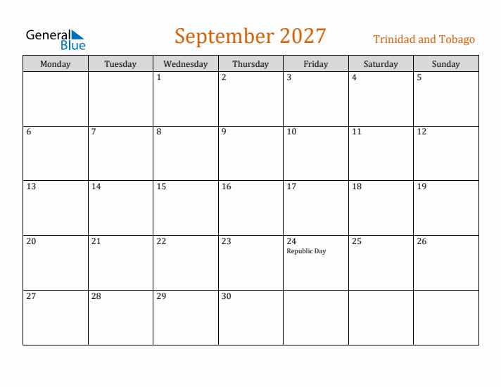 September 2027 Holiday Calendar with Monday Start
