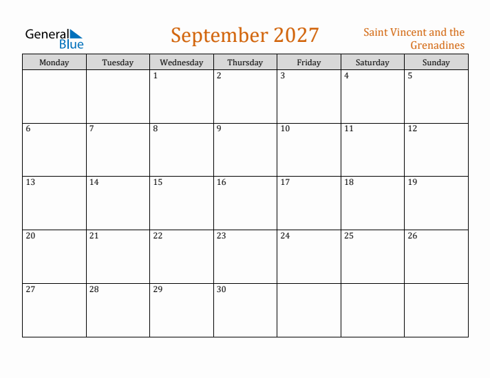 September 2027 Holiday Calendar with Monday Start
