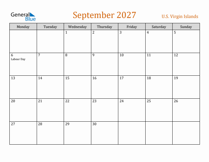 September 2027 Holiday Calendar with Monday Start