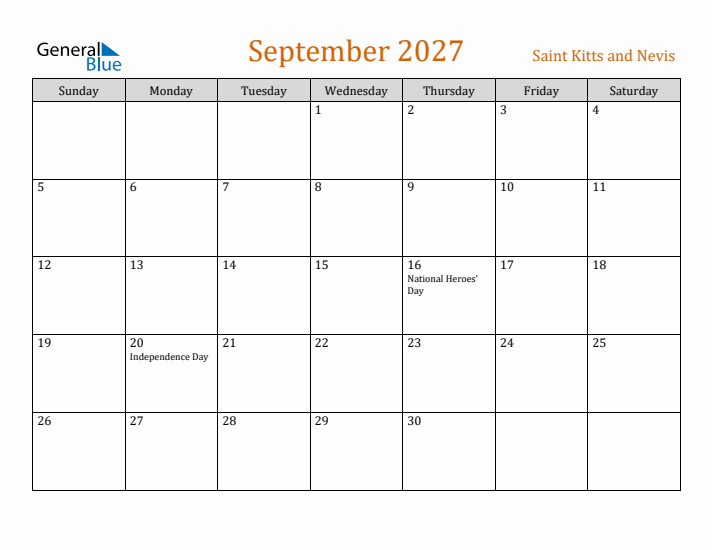 September 2027 Holiday Calendar with Sunday Start