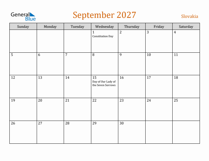 September 2027 Holiday Calendar with Sunday Start