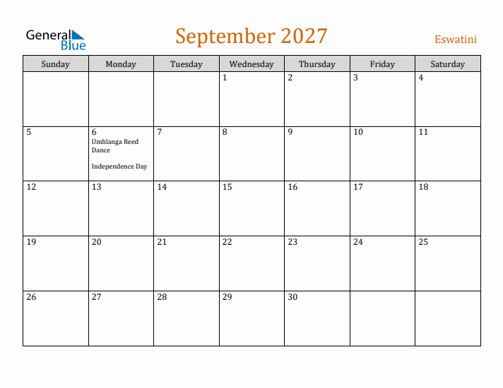 September 2027 Holiday Calendar with Sunday Start