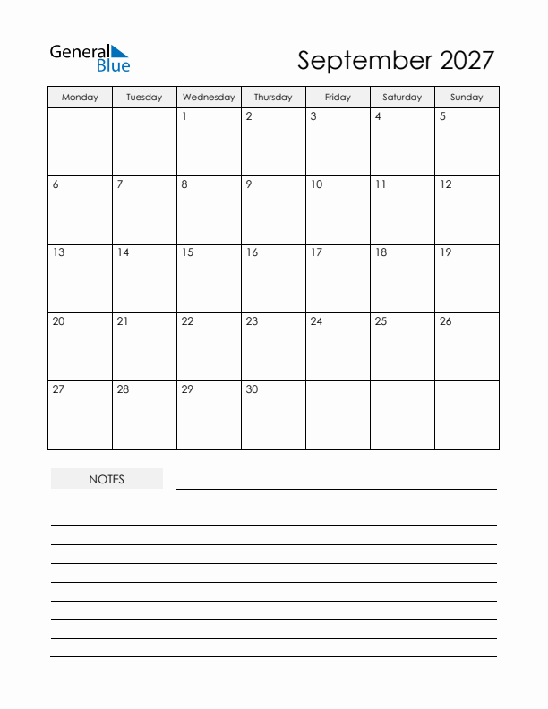 Printable Calendar with Notes - September 2027