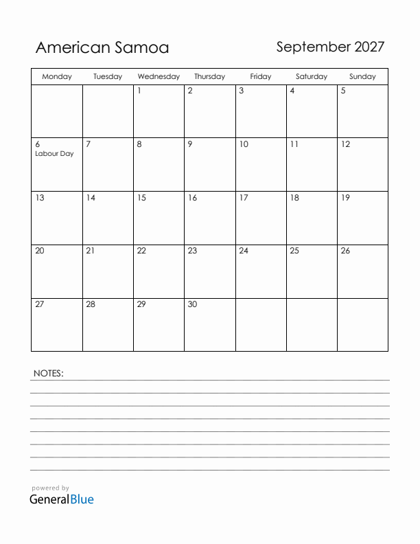 September 2027 American Samoa Calendar with Holidays (Monday Start)