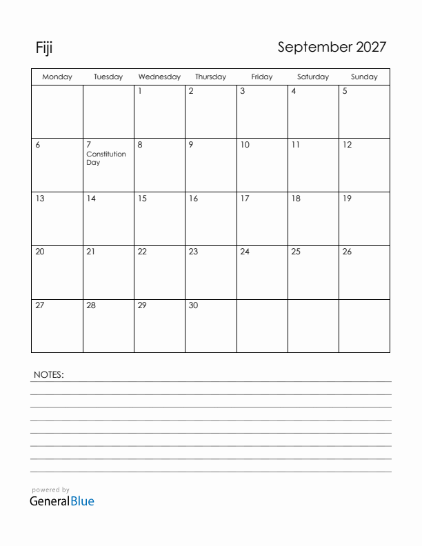 September 2027 Fiji Calendar with Holidays (Monday Start)