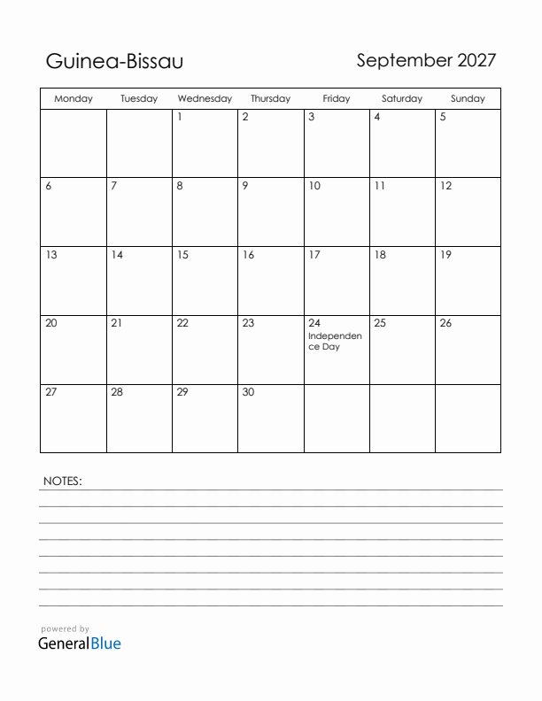 September 2027 Guinea-Bissau Calendar with Holidays (Monday Start)