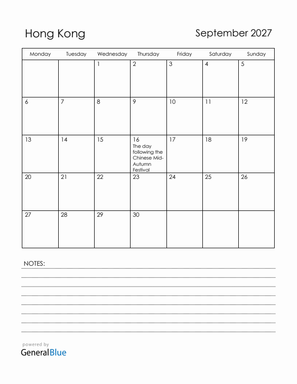 September 2027 Hong Kong Calendar with Holidays (Monday Start)