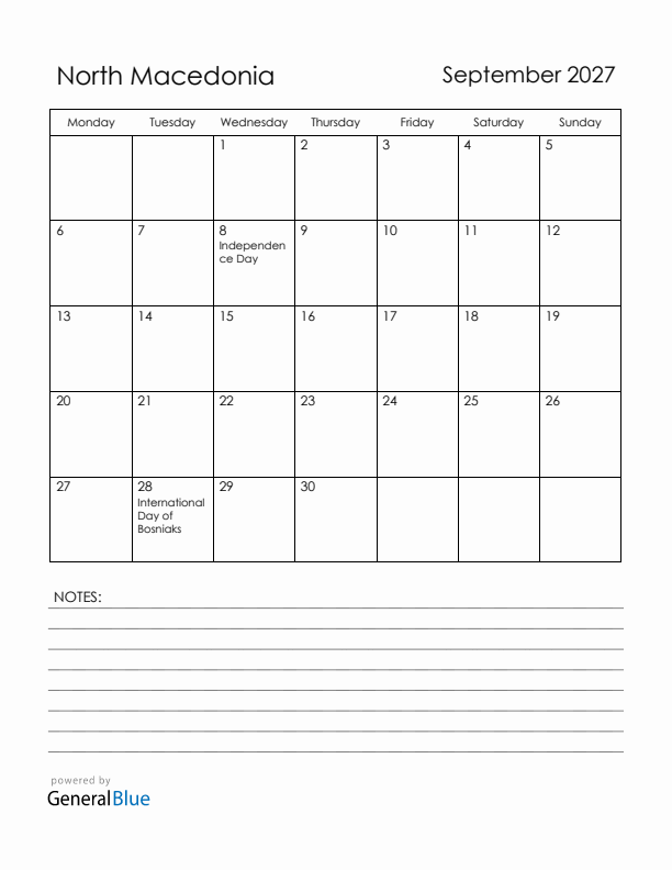 September 2027 North Macedonia Calendar with Holidays (Monday Start)