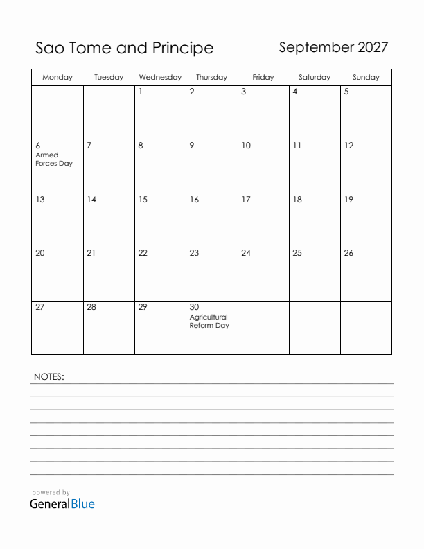 September 2027 Sao Tome and Principe Calendar with Holidays (Monday Start)