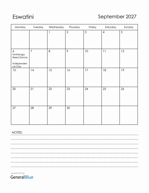 September 2027 Eswatini Calendar with Holidays (Monday Start)