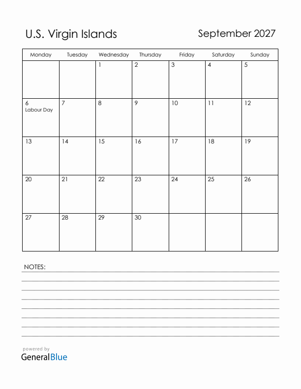 September 2027 U.S. Virgin Islands Calendar with Holidays (Monday Start)