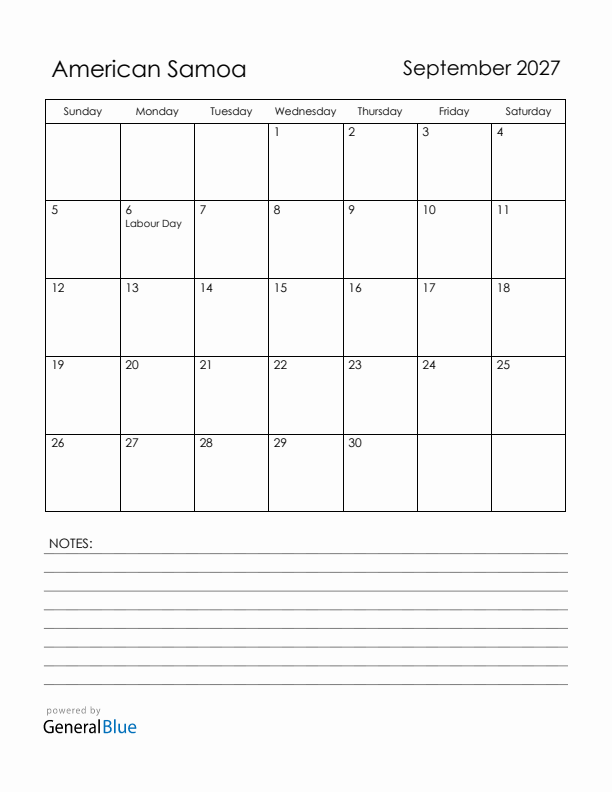 September 2027 American Samoa Calendar with Holidays (Sunday Start)