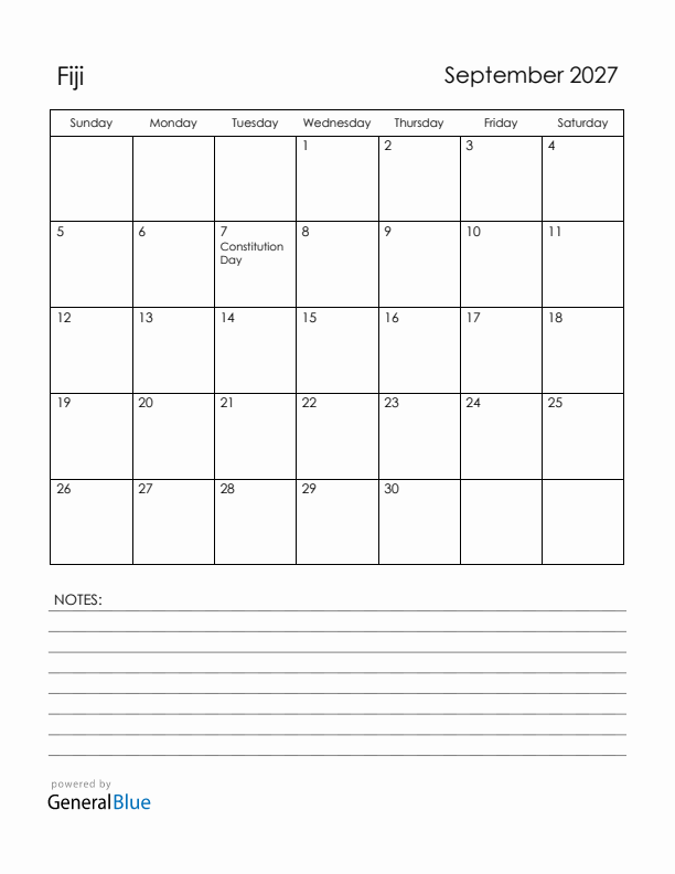 September 2027 Fiji Calendar with Holidays (Sunday Start)