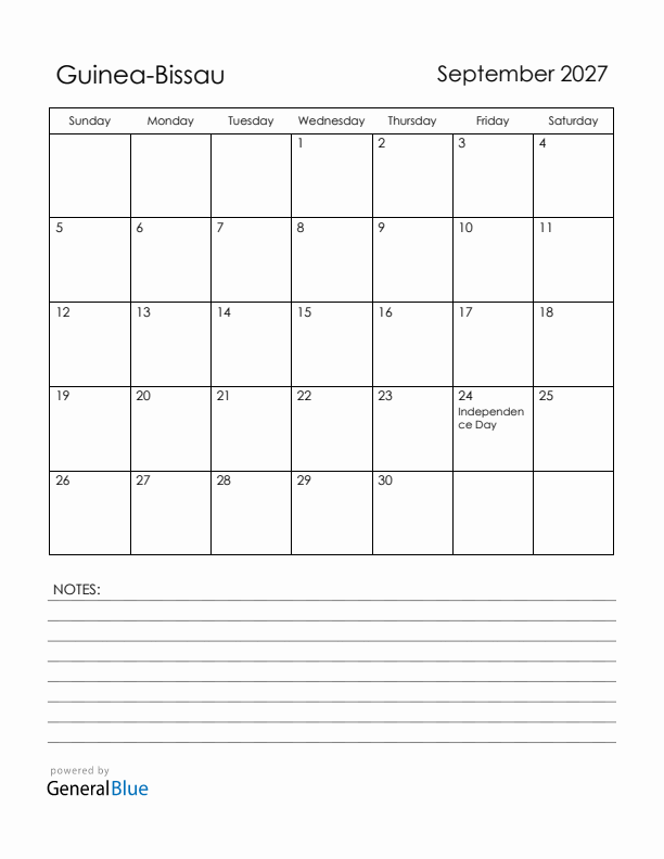 September 2027 Guinea-Bissau Calendar with Holidays (Sunday Start)