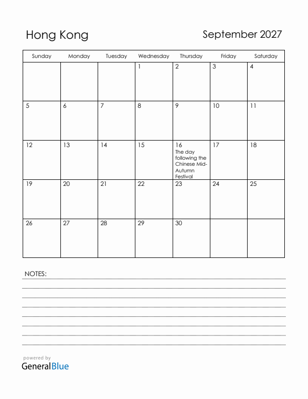 September 2027 Hong Kong Calendar with Holidays (Sunday Start)