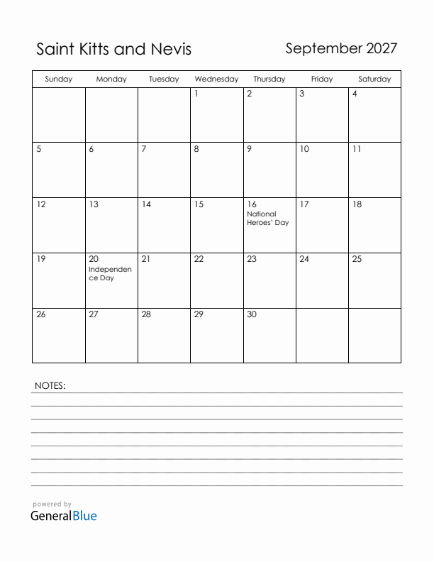 September 2027 Saint Kitts and Nevis Calendar with Holidays (Sunday Start)