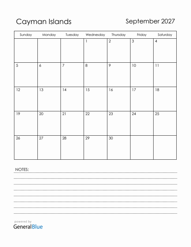 September 2027 Cayman Islands Calendar with Holidays (Sunday Start)