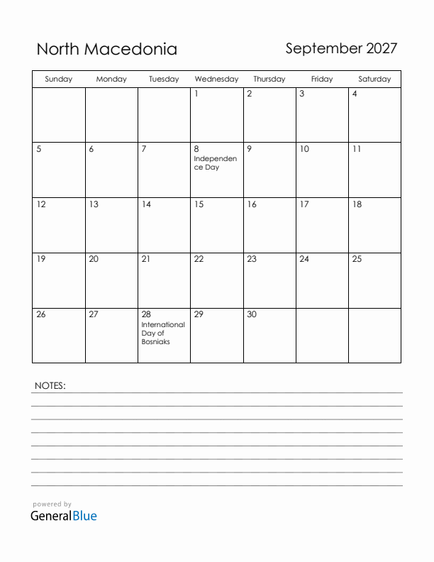 September 2027 North Macedonia Calendar with Holidays (Sunday Start)