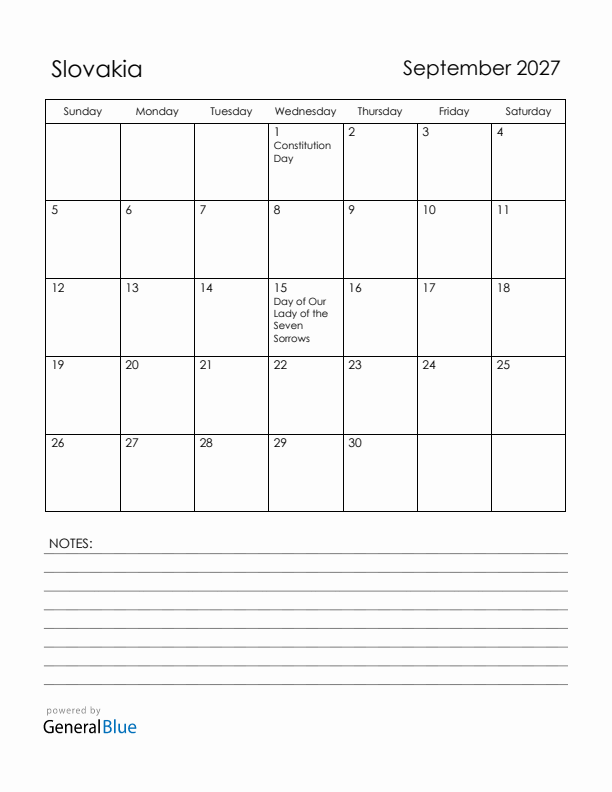 September 2027 Slovakia Calendar with Holidays (Sunday Start)