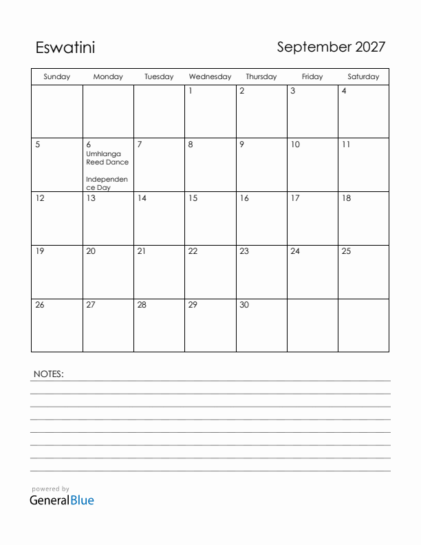 September 2027 Eswatini Calendar with Holidays (Sunday Start)