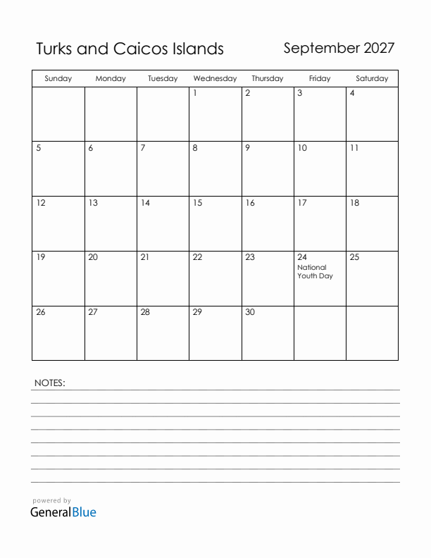 September 2027 Turks and Caicos Islands Calendar with Holidays (Sunday Start)