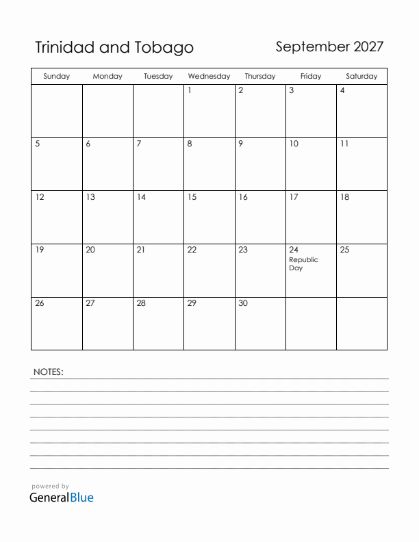 September 2027 Trinidad and Tobago Calendar with Holidays (Sunday Start)