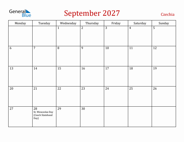 Czechia September 2027 Calendar - Monday Start