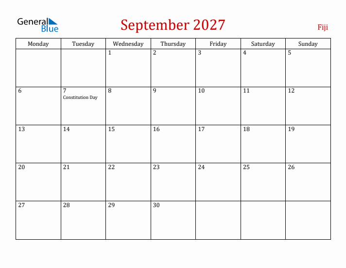 Fiji September 2027 Calendar - Monday Start