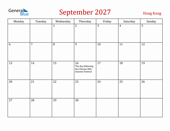 Hong Kong September 2027 Calendar - Monday Start