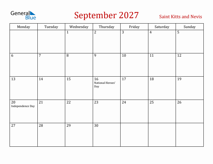 Saint Kitts and Nevis September 2027 Calendar - Monday Start
