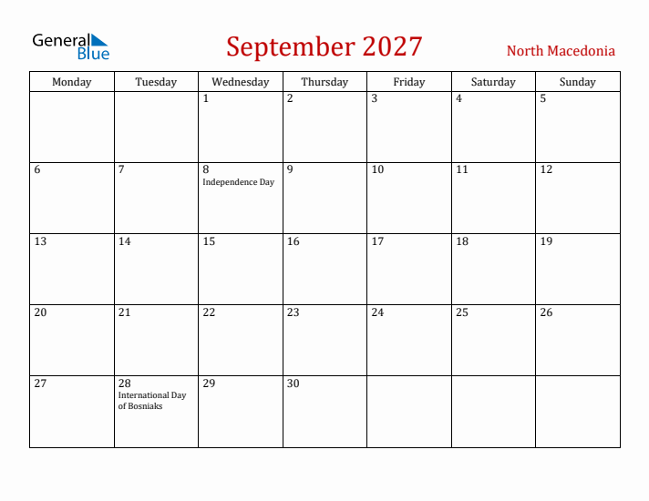 North Macedonia September 2027 Calendar - Monday Start