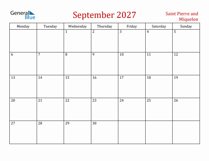 Saint Pierre and Miquelon September 2027 Calendar - Monday Start