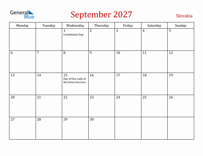 Slovakia September 2027 Calendar - Monday Start