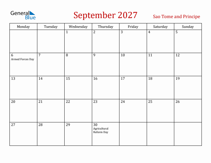 Sao Tome and Principe September 2027 Calendar - Monday Start