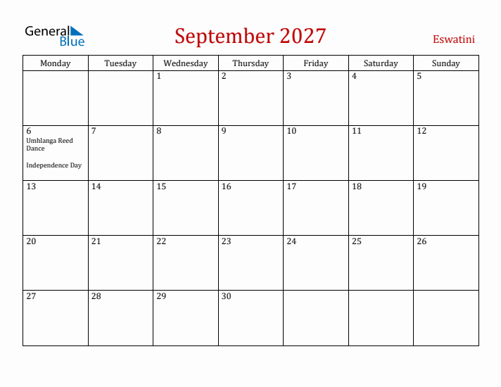 Eswatini September 2027 Calendar - Monday Start