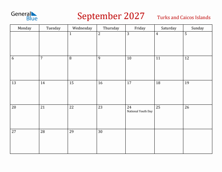 Turks and Caicos Islands September 2027 Calendar - Monday Start
