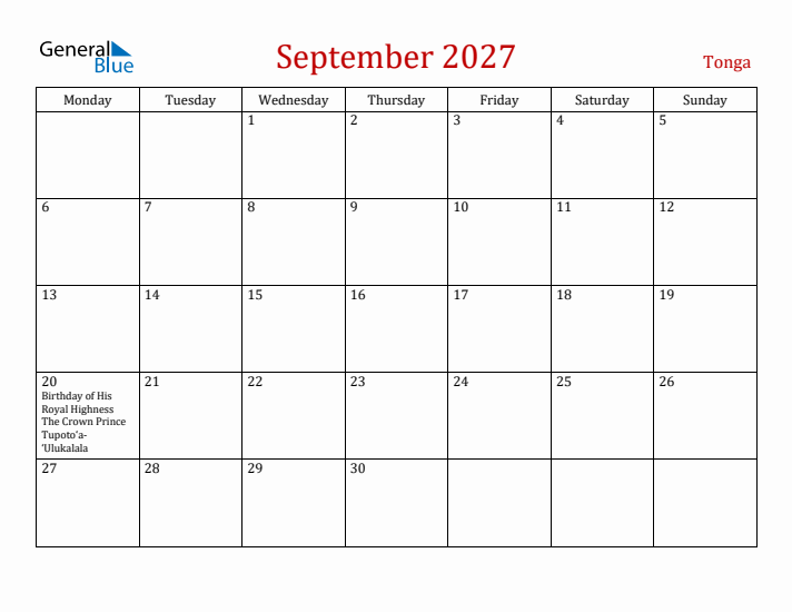 Tonga September 2027 Calendar - Monday Start