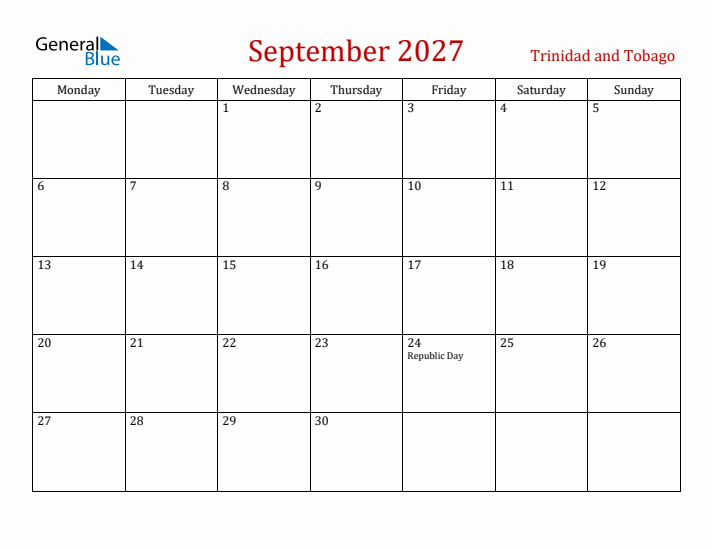 Trinidad and Tobago September 2027 Calendar - Monday Start