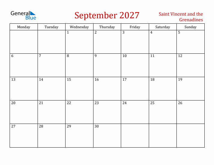 Saint Vincent and the Grenadines September 2027 Calendar - Monday Start
