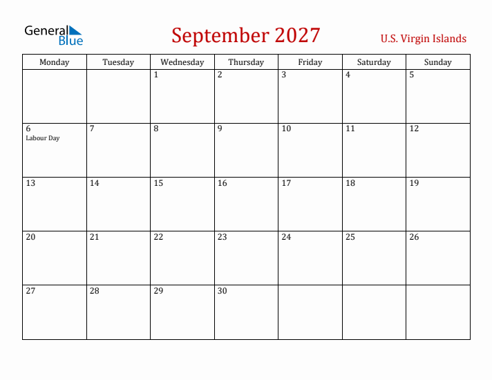 U.S. Virgin Islands September 2027 Calendar - Monday Start