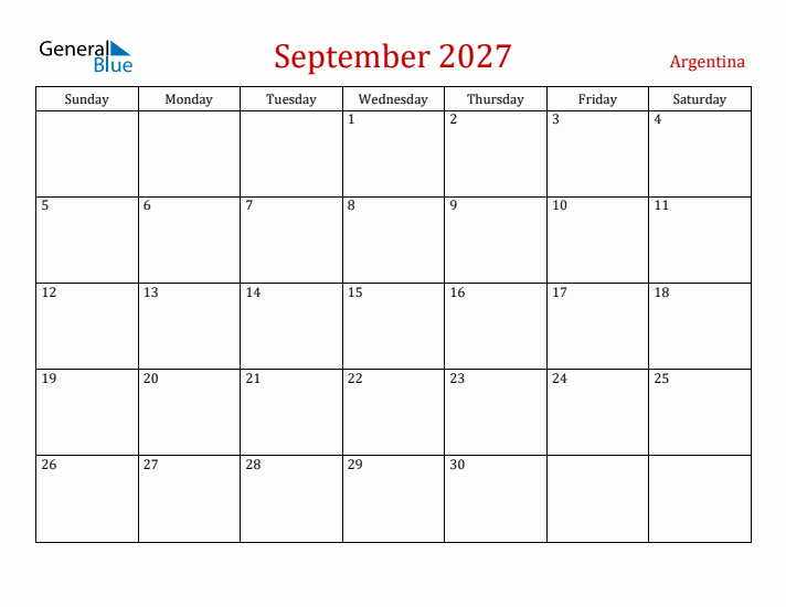 Argentina September 2027 Calendar - Sunday Start