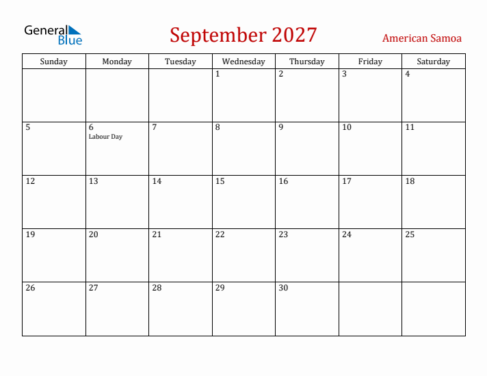 American Samoa September 2027 Calendar - Sunday Start